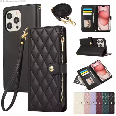 Lanyard Flip Leather Phone Case for Samsung Galaxy S24 Ultra S23 FE S22 S21 S20 S10 Plus A35 A55 Zipper Wallet Card Cover