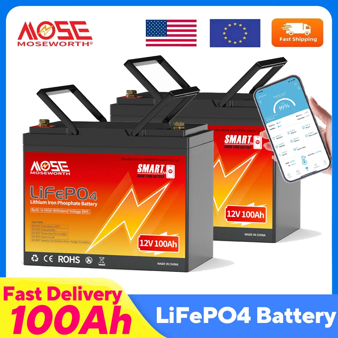 MOSEWORTH 2pcs 12V 100Ah LiFePO4 Lithium Battery with Bluetooth 100A BMS Deep Cycles for Solar RV Marine Boat Iron Phosphate