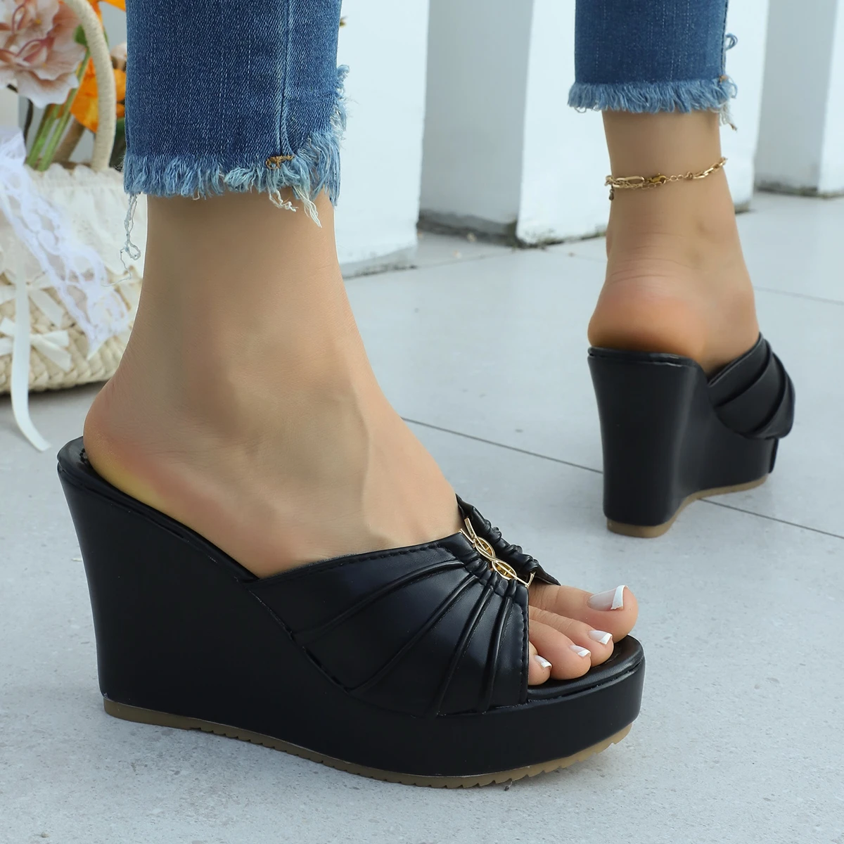 Modische, bequeme, elegante High-Heel-Slipper, Sommerneuheit, runde Spitze, Fischmaul-Design, sexy, lässige Slipper für Damen – Detail 15