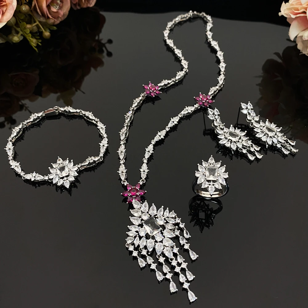 

Flora Dainty Zircon Copper Plated Necklace Earrings Set, Elegant Wedding Party Gift, Valentine Mother's Day Birthday Present