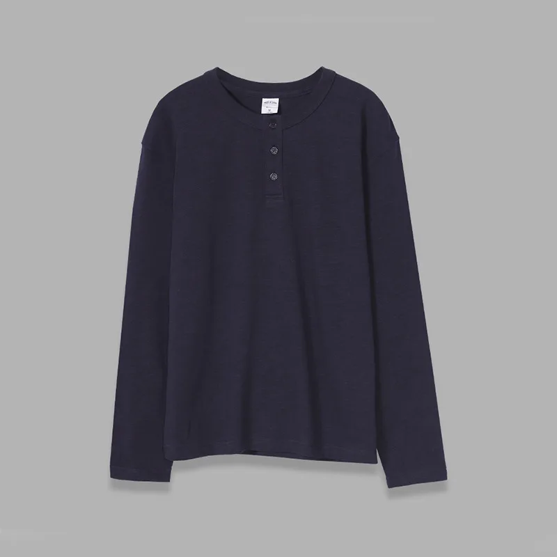 Men Japanese Vintage Washed 320gsm Slub Cotton Henley Long Sleeve T-Shirt Loose Solid Amekaji Button Up Fall Winter Casual Top