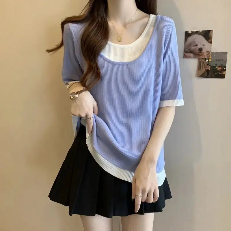 Large Size Women's Clothing Summer New Contrasting Colors Loose and Thin Splicing Fake Two-piece Threaded Short-sleeved T-shirt