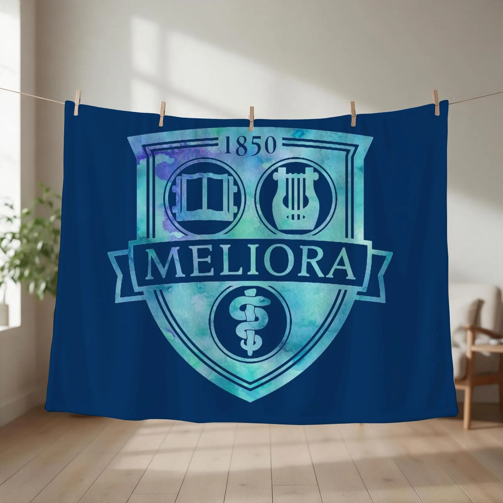 Meliora University of Rochester Watercolor Logo Design in Blue Throw Blanket