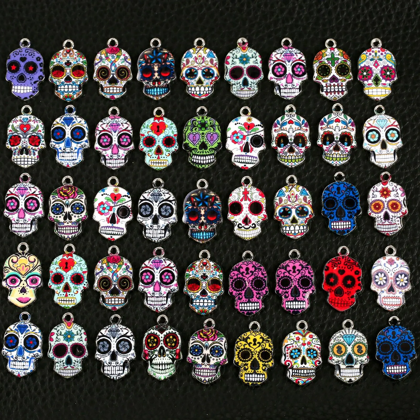 10PCs Halloween Skull Charms Pendant For Jewelry Making Silver Color Multicolor Sugar Skull Enamel Metal Pedant 23mm x 15mm