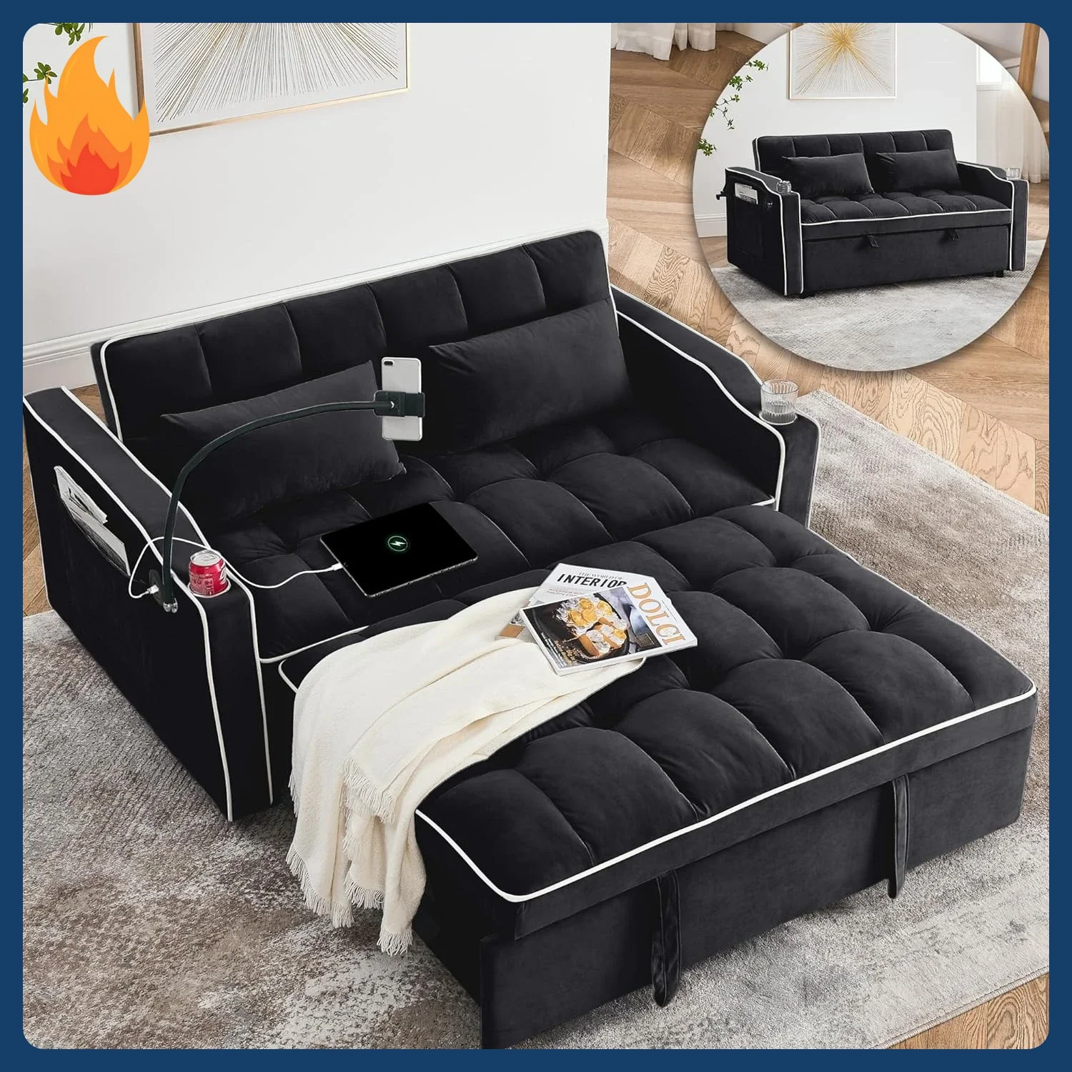 [New Arrival!]Convertible Sofa Bed, Sleeper Sofa with Side Pocket, Adjustable Backrest, Living Room Sofa with Phone Holder, Pull