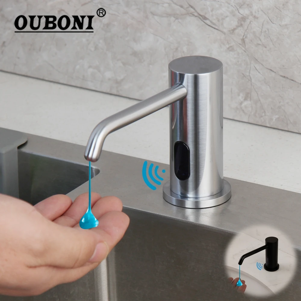 OUBONI Black Bathroom Automatic Kitchen Soap Dispenser for Liquid Soap Lotion Dispensers Tool Stainless Steel Head ABS Bottle