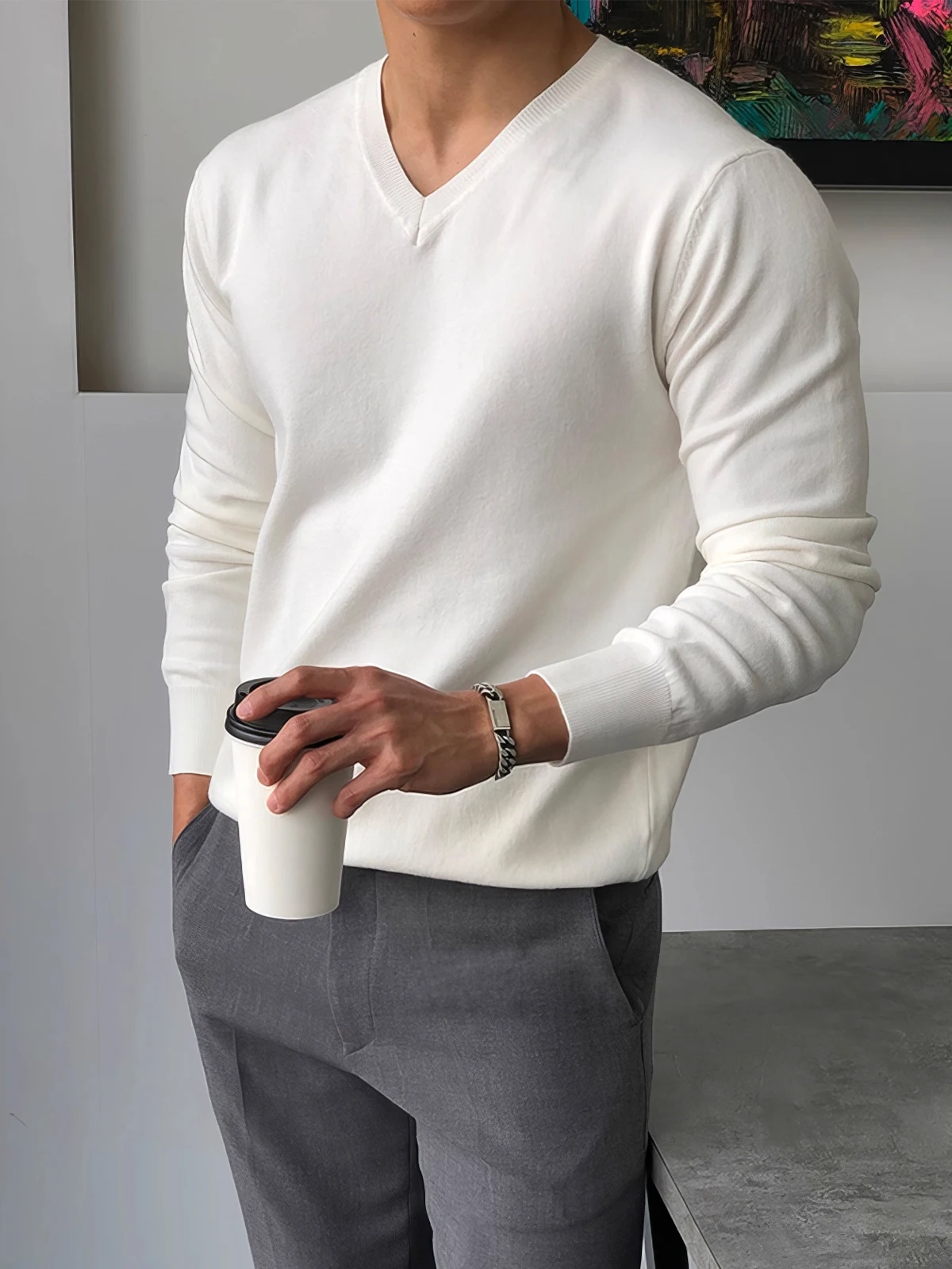 

Мужской трикотаж Pure Color V-Ne Long Sve Casual Boting irt Весна Осень Busin Sle Korean Faion Свободный крой