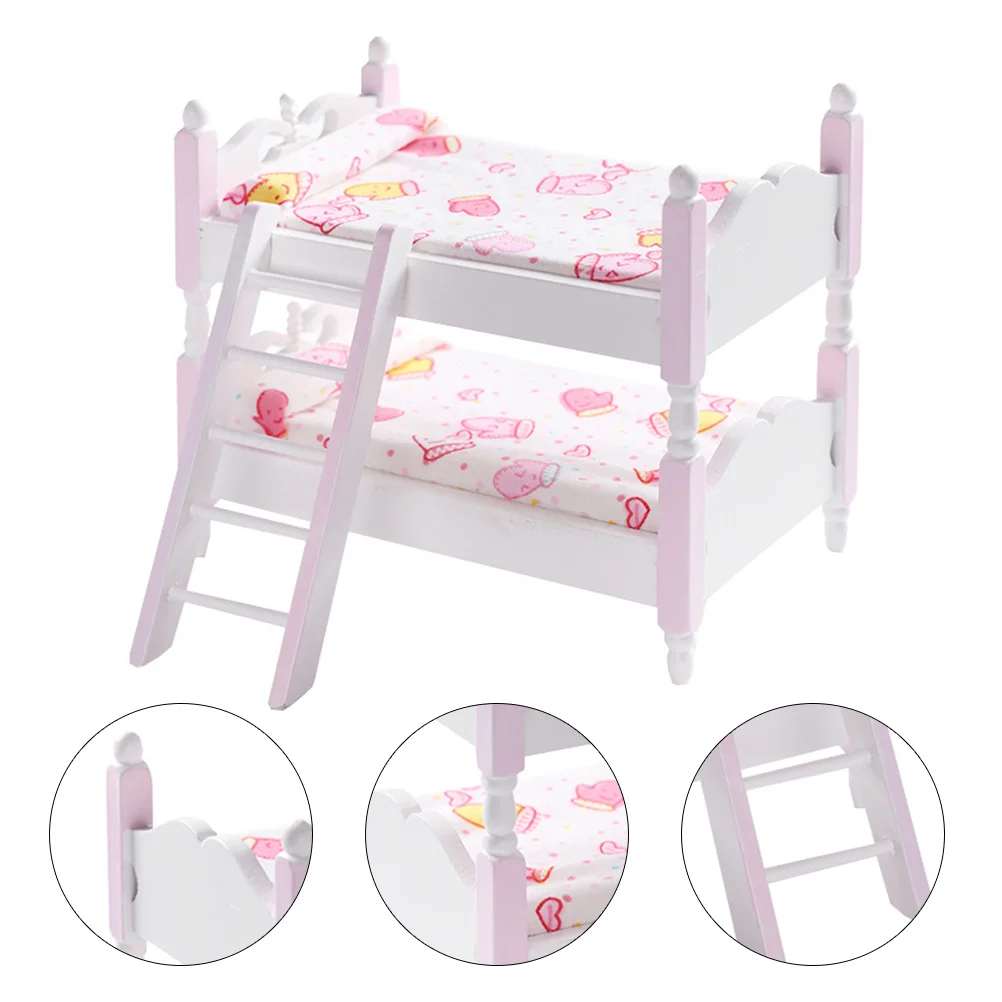 Mini Toy Dollhouse Bunk Bed Beds for Kids 1/12 Scale Miniature Furniture Children Bedroom Wooden