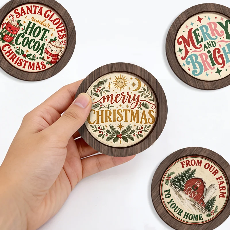 4Pcs Merry Christmas Farm Hot Cocoa Pattern Wooden Fridge Magnets, Round Christmas Refrigerator Magnets, Christmas Home Kitchen