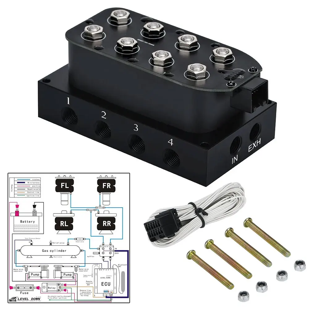 

Universal Air Ride Suspension Solenoid Valve Manifold VU4 (0-300psi) - 1/4" & 1/8" NPT Ports for FBSS Pneumatic Shock Systems