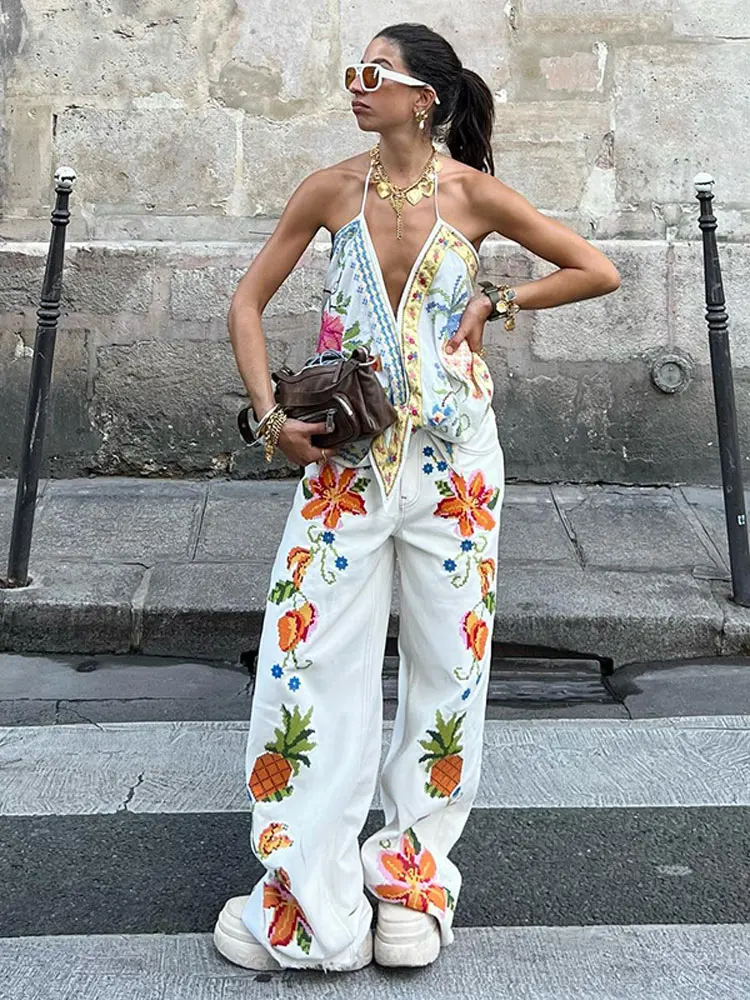 Chic Halter V Neck Sleeveless Sling Suit Sexy Backless Printed Casual High Waist Loose Pants Set 2025 Fashion Women Beach Outfit