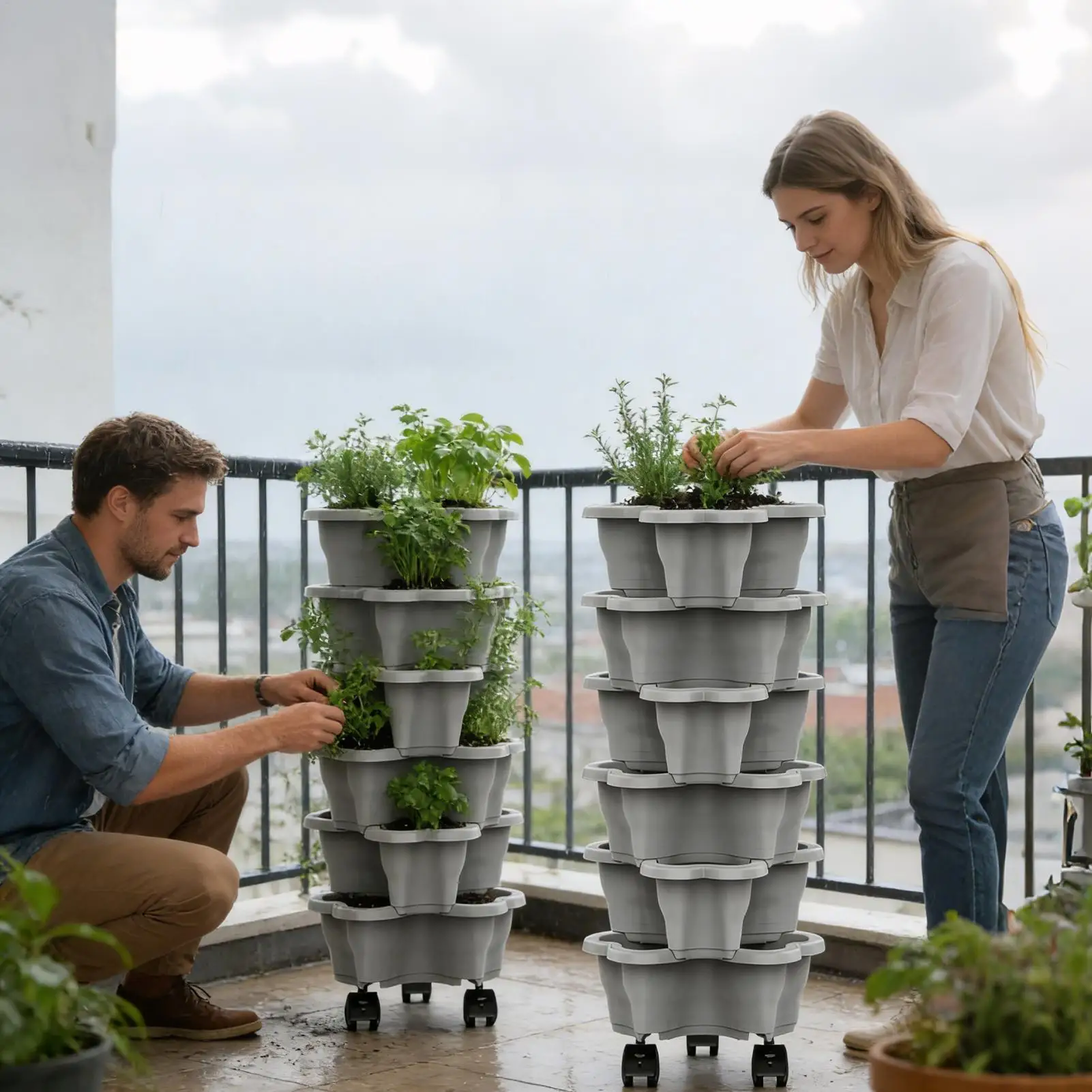 Vertical Stackable Garden Tower with Rolling Base, 6-Tier Raised Planter Stand, Indoor Outdoor Growing Rack for Vegetables Yard