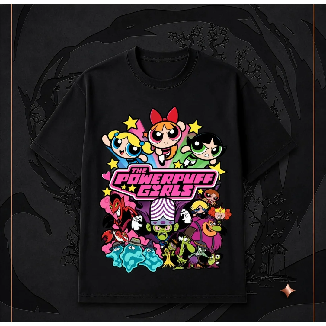 T-Shirt mit Powerpuff-Girls-Cartoon-Print für Männer, Frauen und Kinder, Vintage-Design, Oversized-Schnitt, kurzärmelig, Gruppen-Grafik, Streetwear-T-Shirt. – Detail 3