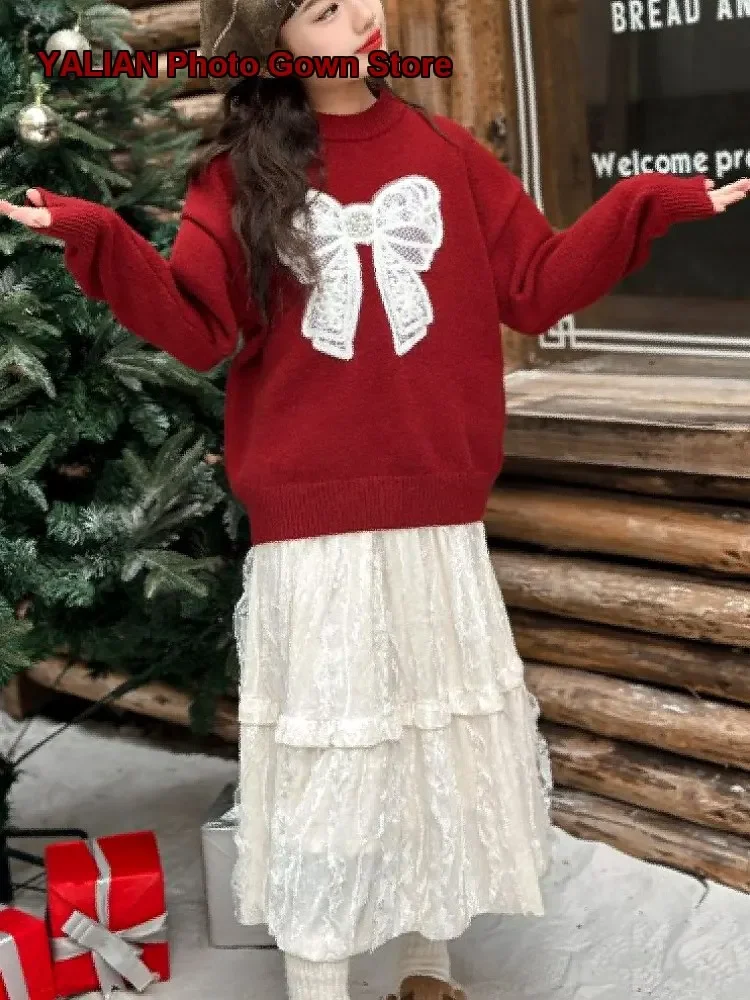 Girls Autumn Winter Stylish Bow Tie Top Solid Color Fleece Lined Warm Inner Knit Top Kids