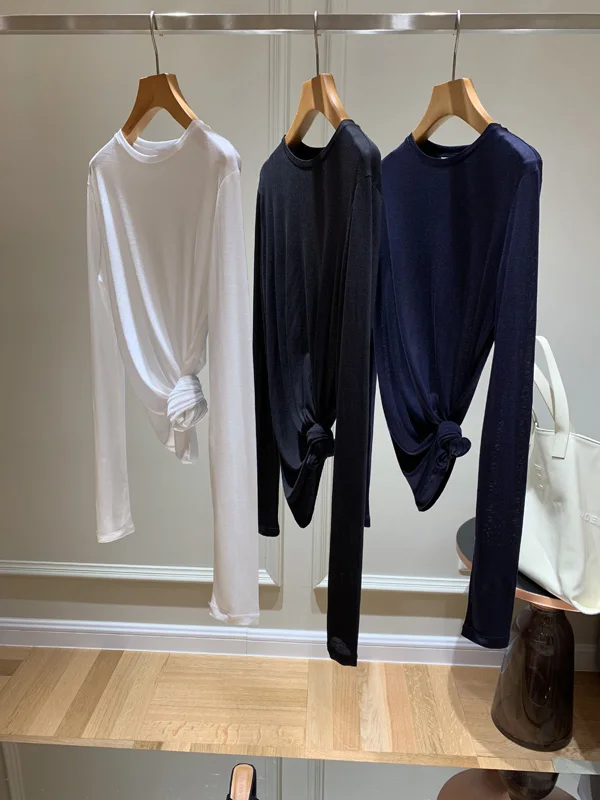 

Ультратонкая шелковая футболка с длинным рукавом и защитой от солнца, комфортная, прохладная, дышащая, женская вязаная кофта с круглым вырезом для повседневной носки