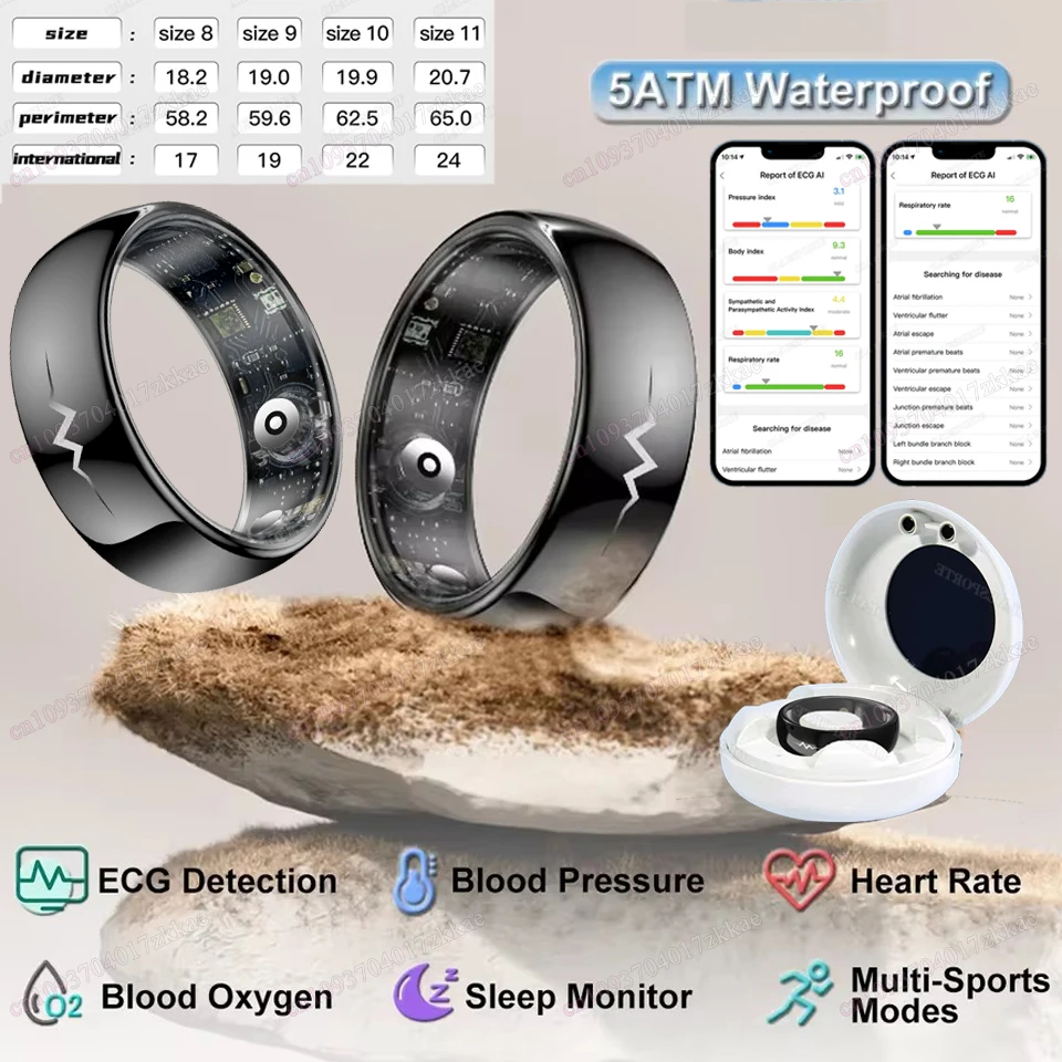 

New ECG Smart Ring Men Women Bluetooth Blood Heart Rate Blood Oxygen Health Monitoring Multi Sports 5ATM Waterproof smartring
