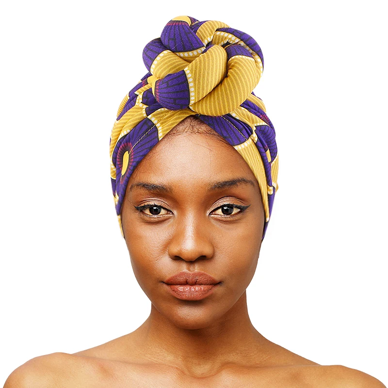 African Print Turban for Women New Fashion Pre-Made Top Knot Head Wraps Flower Stretch Hijab Ladies Party Wedding Headdress