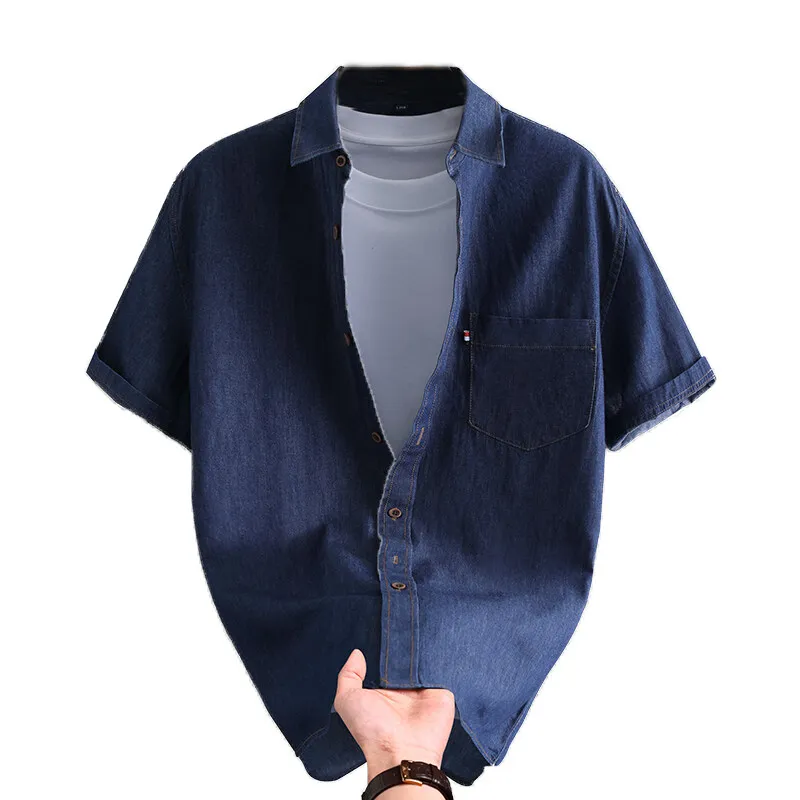 

Trendy Men's 100% Cotton Denim Shirt - Solid Color Soft Breathable Collar One-Pocket Short-Sleeve Casual Shirt Comfortable Top