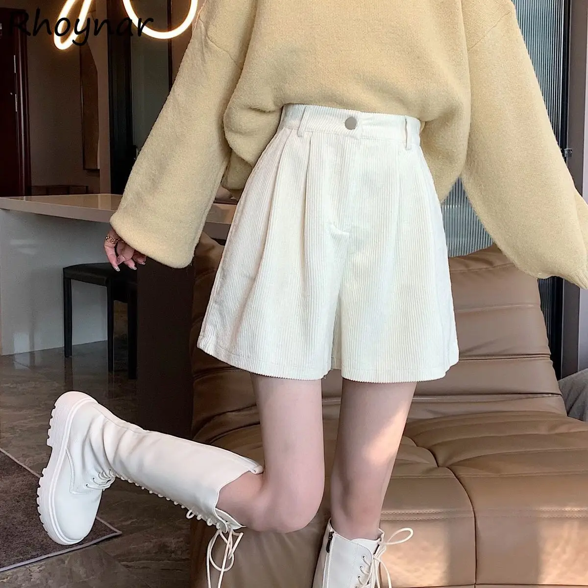 Shorts Women Korean Style Wide Leg Corduroy Design High Waist A-line All-match Casual Streetwear Solid Simple Students Spring