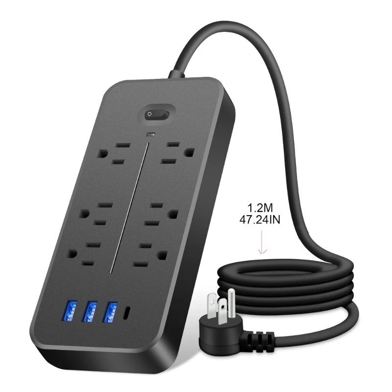 Power Strip, Surge Protector Flat Plug with 6 Wide-spaced Outlets & 3xUSB Ports for Phone Tablet Laptop Multiple Devices K1KF