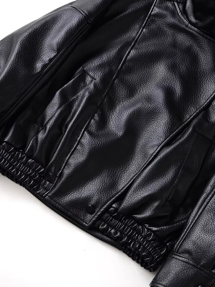 Women's Fashion Faux Leather Oversized Jacket Long Sleeve Front Zipper Chic Outerwear Female Tops