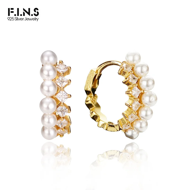 

F.I.N.S Pure S925 Sterling Silver Shell Pearl Earrings Fashion Small Zircon Round Circle Ear Hoops Fine Jewelry Anti-Allergy