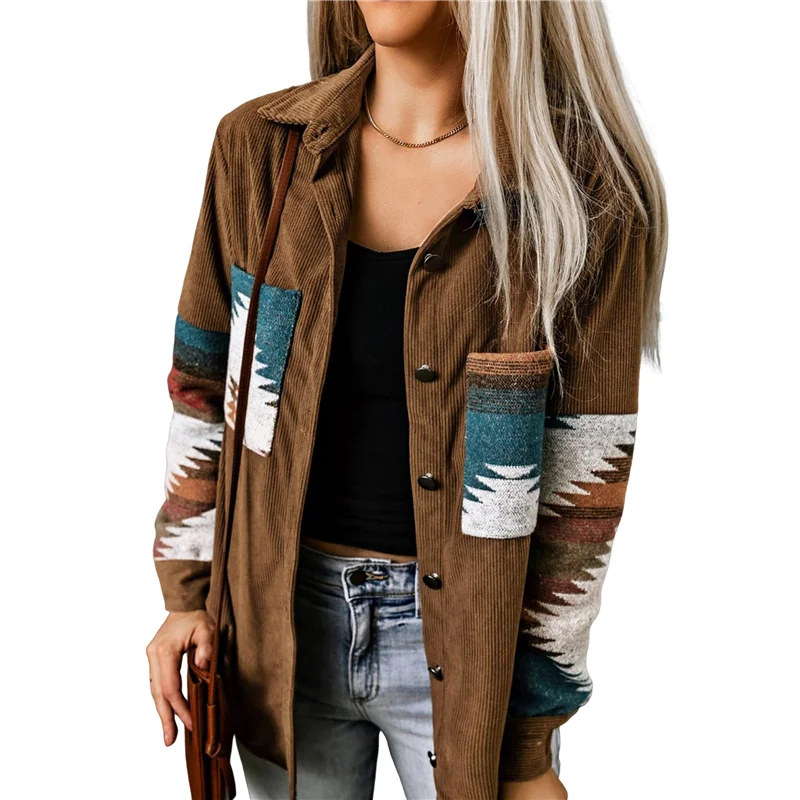 

A83F-Womens Corduroy Flannel Shirt Long Sleeve Button Down Loose Shacket Jacket With Pockets Khaki M