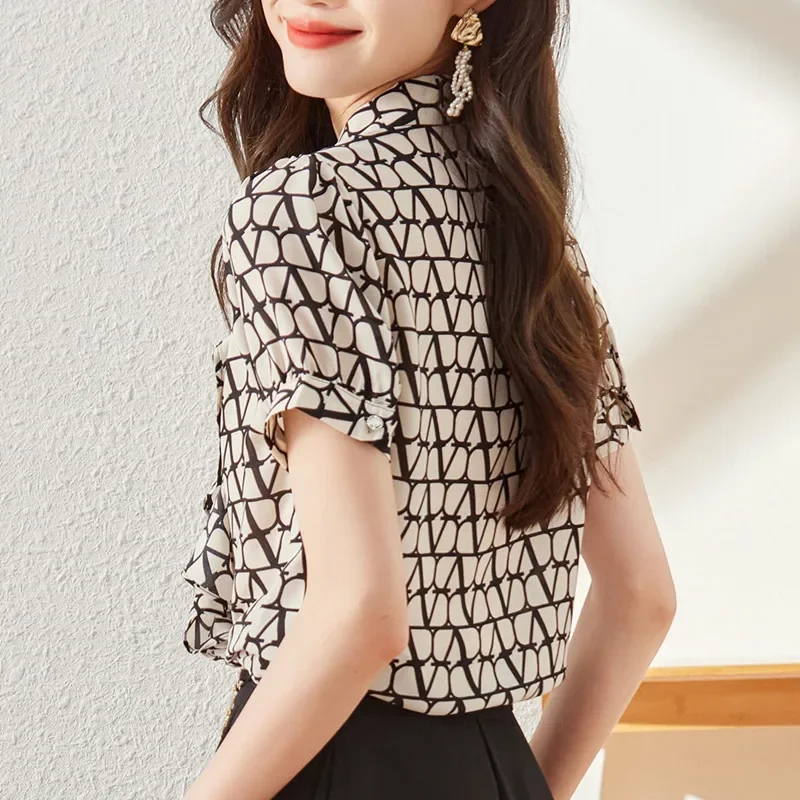 

Elegant Women Ruffles Shirt New Summer Temperament Short Sleeve Slim Chiffon Blouses Office Ladies Work Tops