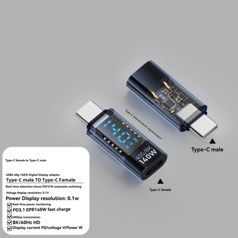 USB C Adapter LED Wattage Display 140W 40Gbps 8K USB C Extension PD3.1 Type C Connector Type C Power Meter Tester Blue-DTA9