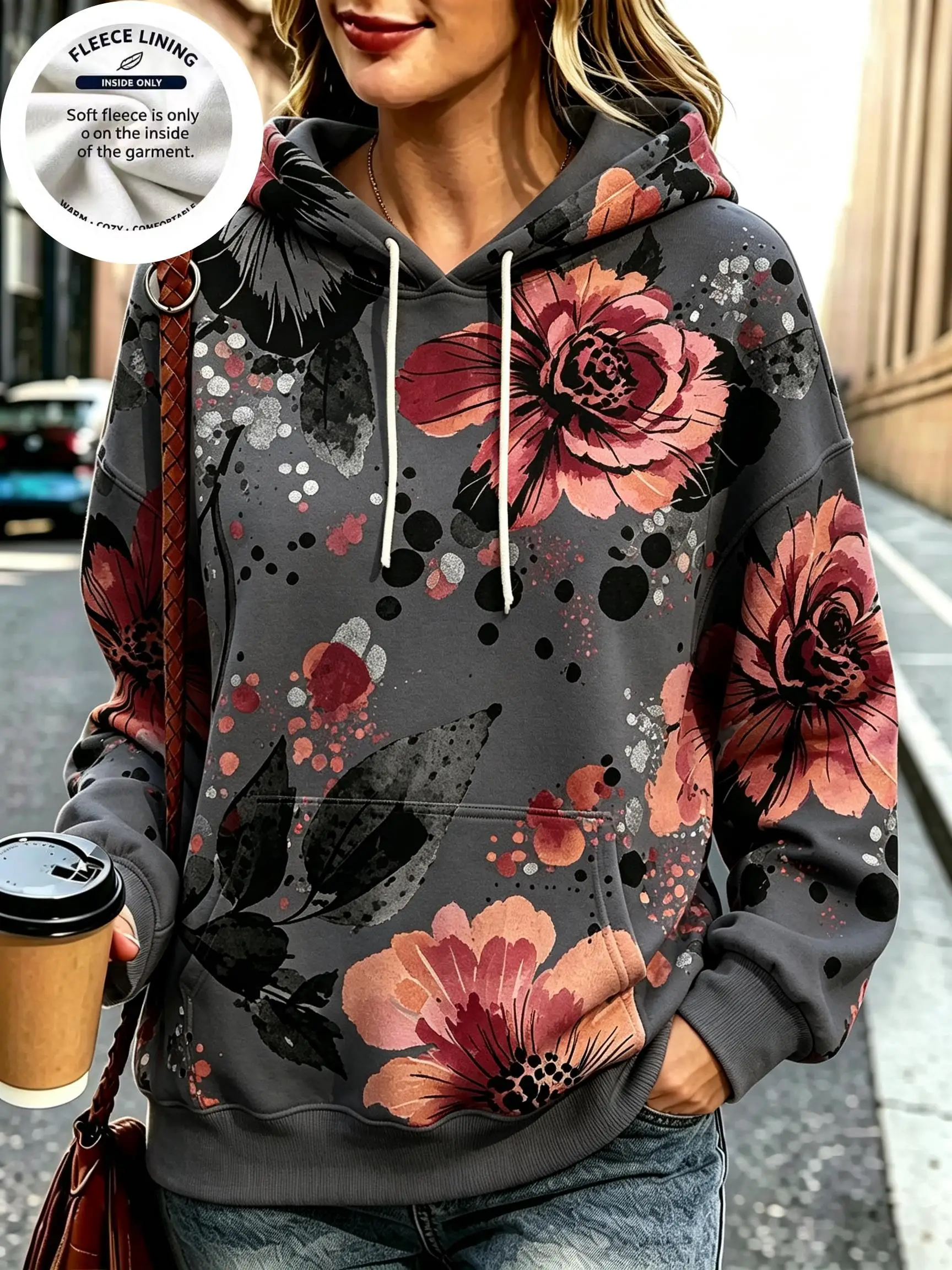 Vintage Watercolor Floral Graphic Print Women Fleece Hooded Sweatshirt, Art Ink Dot Long Sleeve Hoodie