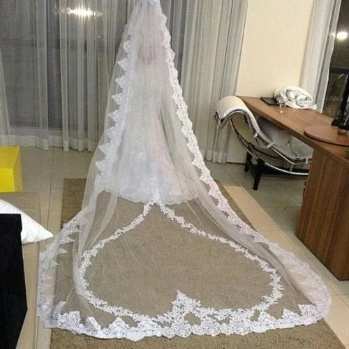 Hot Sales Ivoor Lange Wedding Veils 1T Kant Applicaties Witte Bruidssluier Accessoires Kam Voile De La Mariee Velo da Sposa Stijlvolle