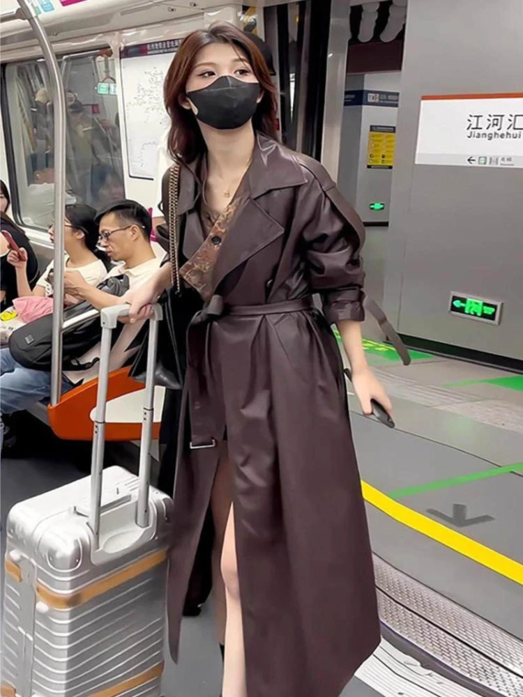 

Корейская кожаная куртка в стиле ретро для женщин, стиль плаща с зубчатыми лацканами, модная осенняя верхняя одежда