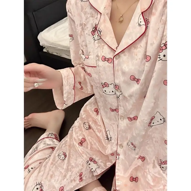 

Пижамы Sanrios для девочек, брюки с длинными рукавами с героями мультфильмов «Hello Kitty», милая домашняя одежда, повседневная удобная модная свободная мягкая одежда с принтом