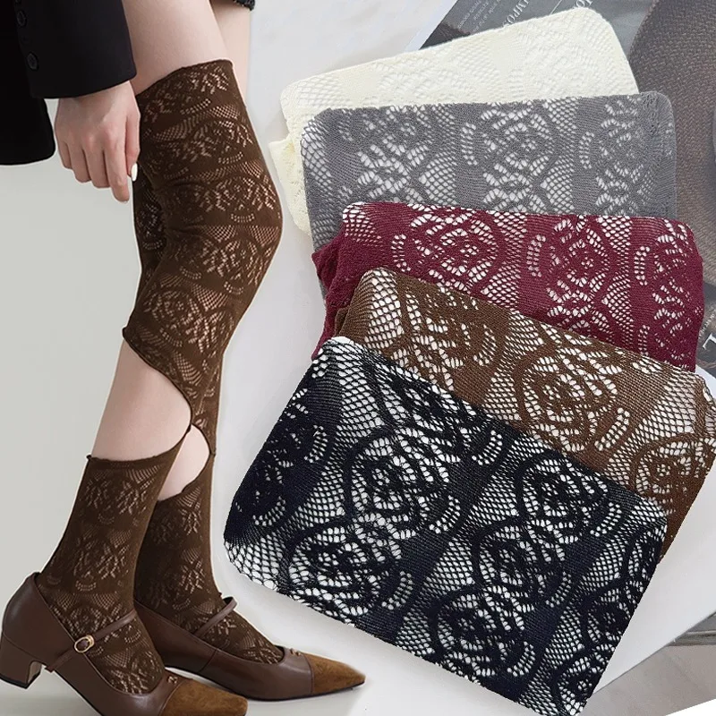 

Готические винтажные полые чулки выше колена с рисунком, сексуальные нерегулярные модные чулки с большими отверстиями для женщин, французский русский стиль