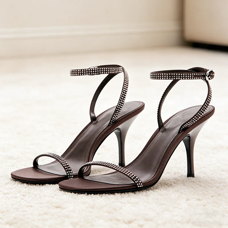 

Luxury Rhinestone Detail Ankle-Strap High-Heel Sandals Women Sexy Open-Toe Stilettos Heels for Ladies Elegant Party Dress Shoes