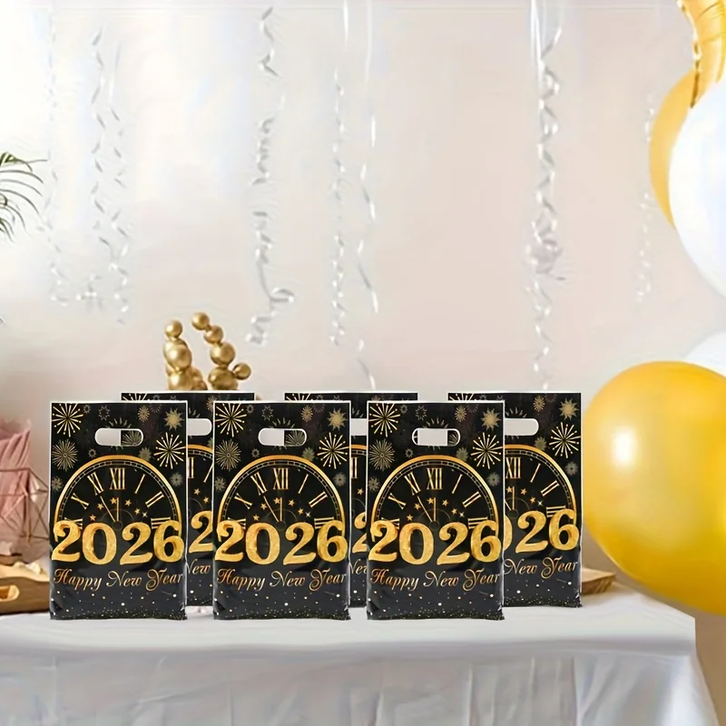 10/25/50 قطعة 2026 حقيبة حمل بلاستيكية للحفلات للعام الجديد مع شارات أرقام 2026 لامعة وأرقام رومانية وتصميم ساعة الألعاب النارية