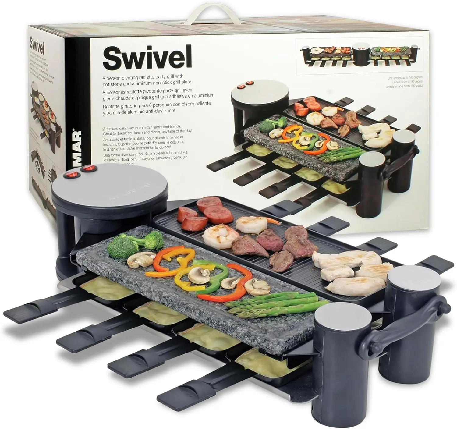 Swivel 8-Person  Table Grill with Cast Aluminum & Granite Stone Grill Top - Indoor Electric Raclette Grill for