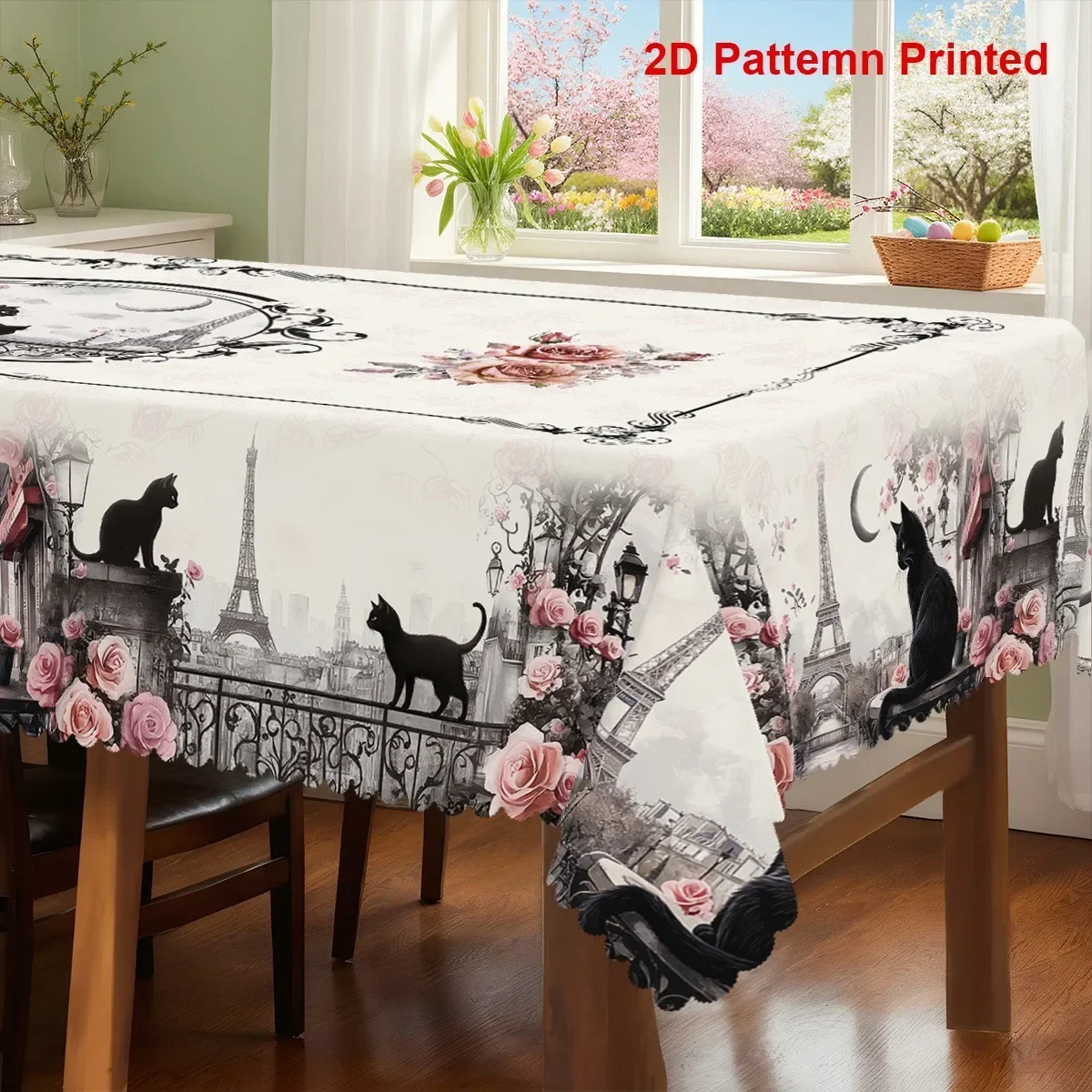 1pc 2D flat printing, cat-themed party tablecloth, spring and summer moon, Eiffel Tower, rose flowersxzj