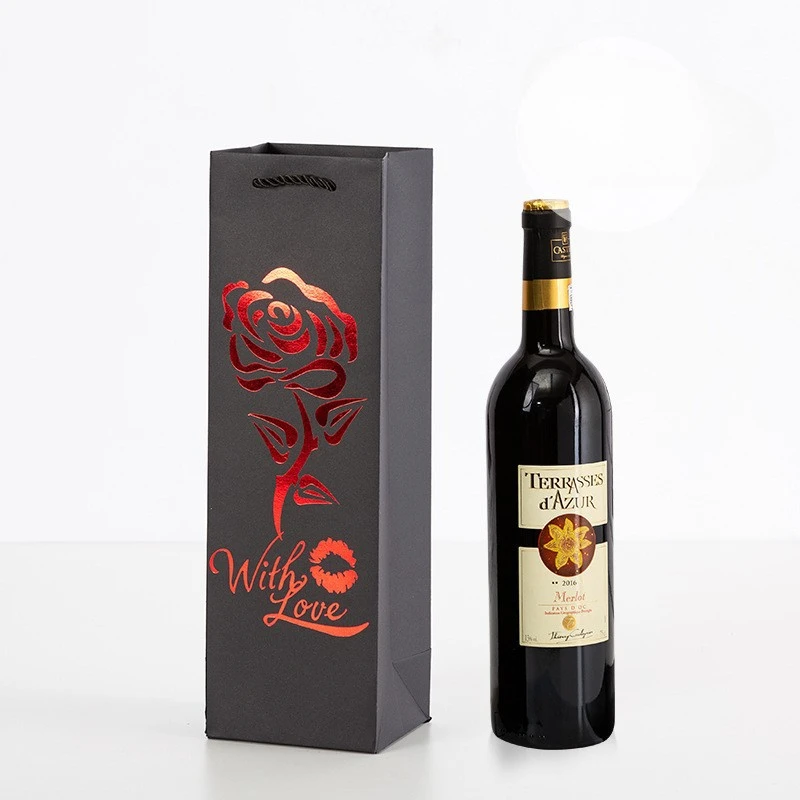 10pcs Black Hot Stamping High-end Wine Bag Single Double Bottle Hand-held Wine Paper Pouch Thick Printed Red Wine Gift Box Bags