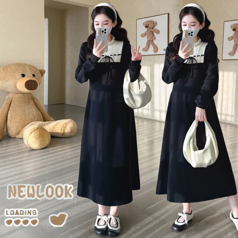 Maternity Dress Elegant Gentle Soft Comfortable Color Block A Line Bow Decor Mock Neck Knitted French Style Little Black Dress