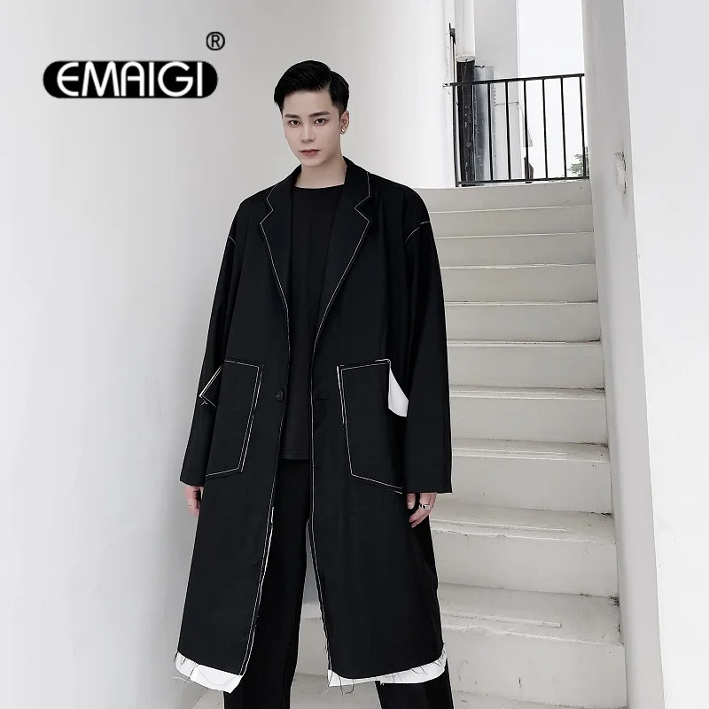 

Men Cut Burrs Vintage Long Belt Windbreaker Trench Coat Male Japan Streetwear Loose Casual Cardigan Overcoat Jacket Outerwear