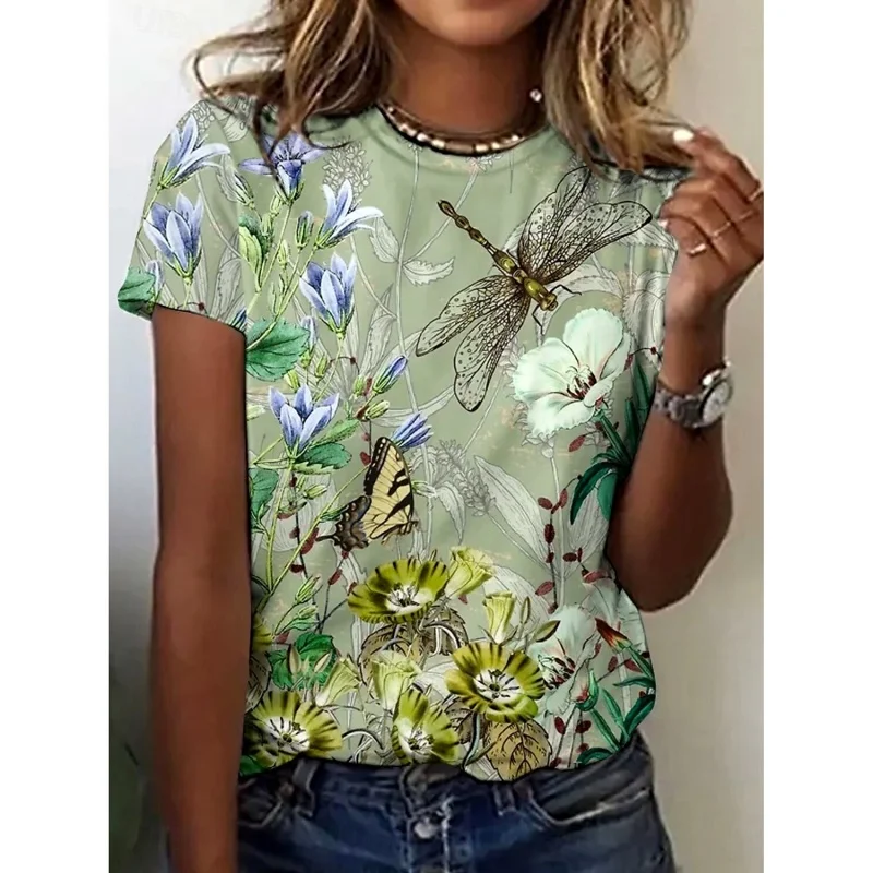 T-shirt per insetti con foglie di fiori stampati in 3D per le donne T-shirt con grafica colorata a maniche corte Summer Street O-Collo T-shirt larghe