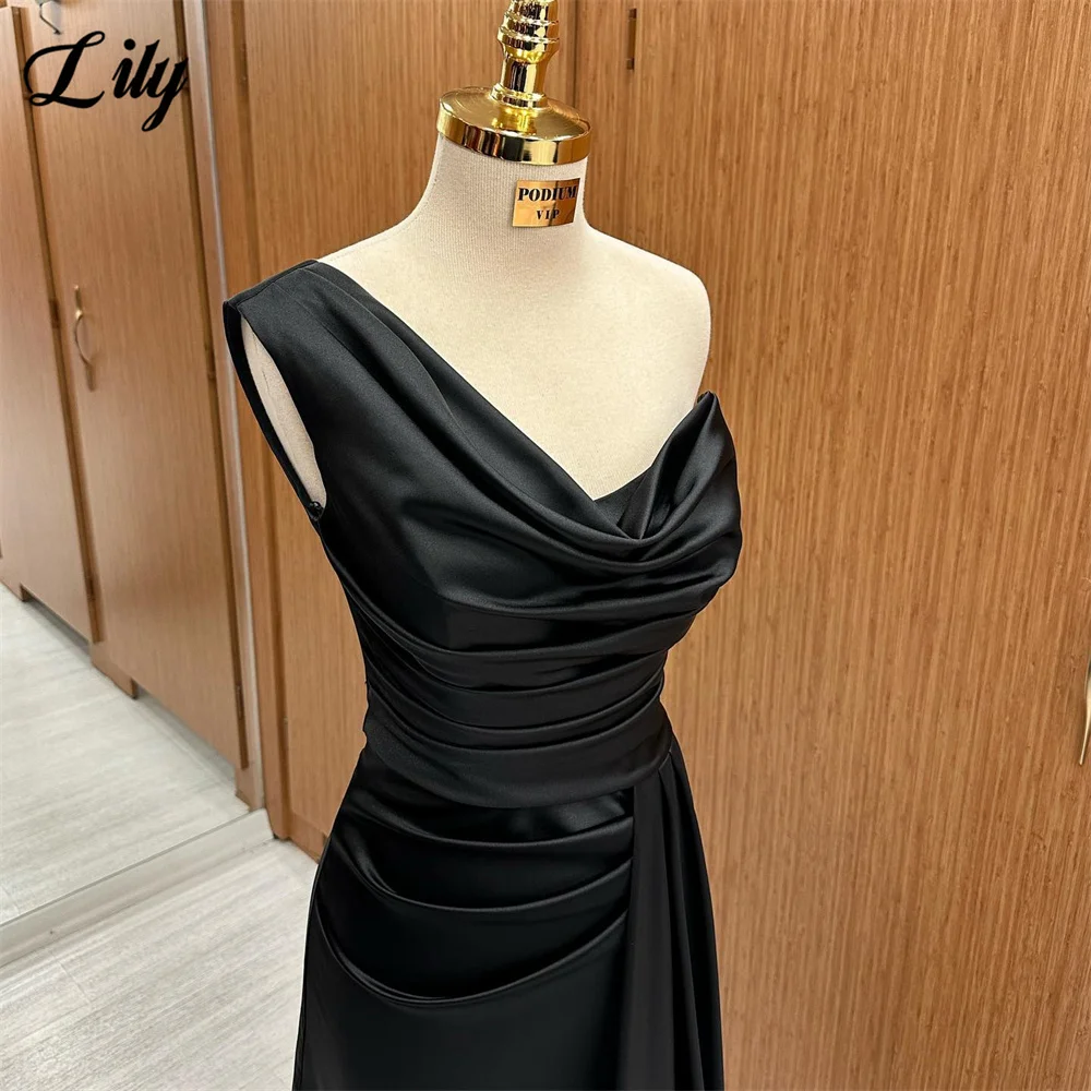 Lily Black Prom Dresses Sweetheart Evening Dress Simple One-Shoulder Mermaid Party Dress With Pleat Satin فساتين مناسبة رسمية