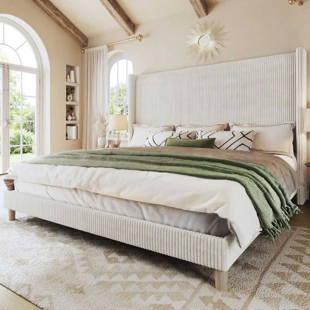 

King Size Bed Frame with 51.2 Tall Headboard, Corduroy Upholstered Bed Frame with Wingback, Platform Bed with Wooden Slats Supp