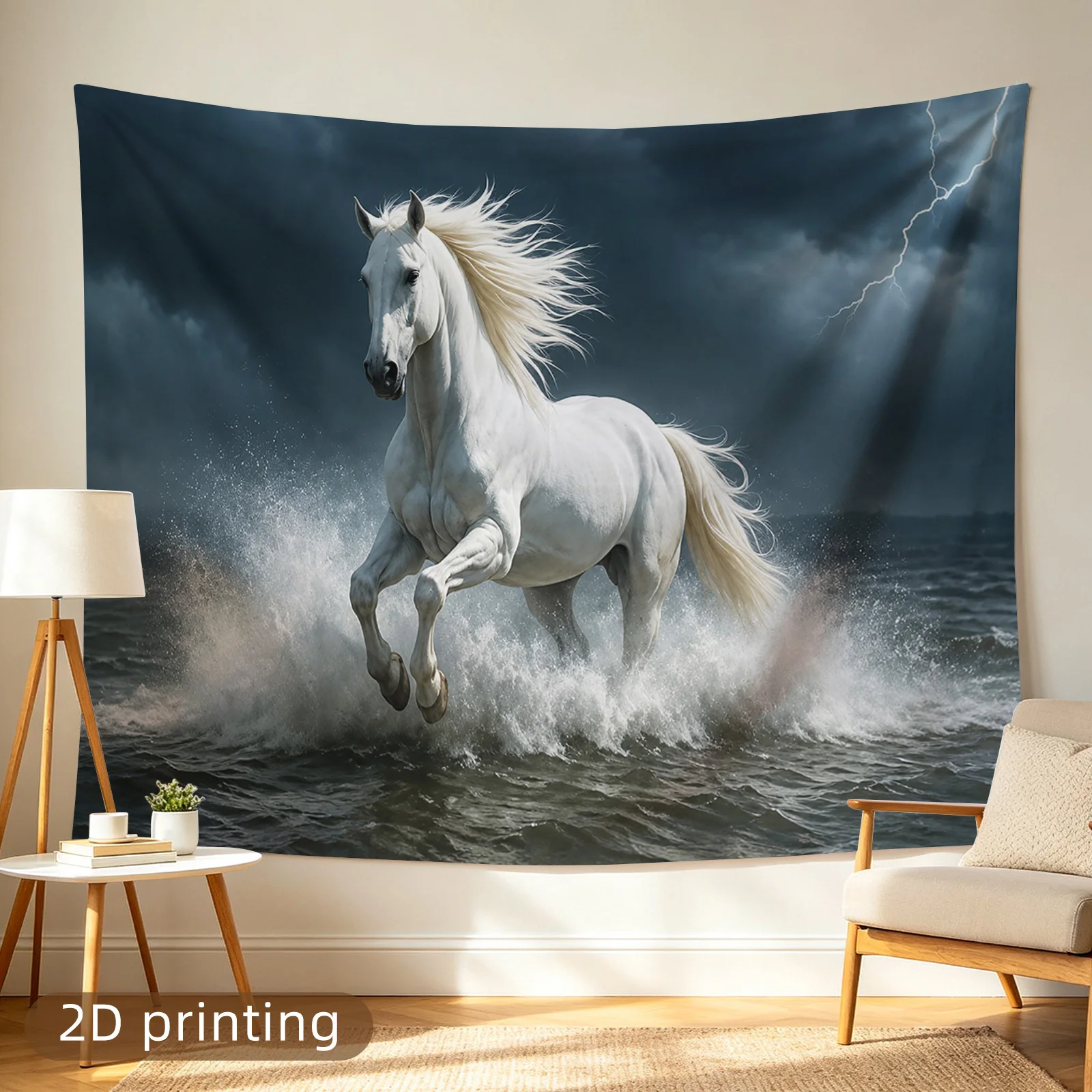 Dramatic White Horse Riding Tapestry Wall Hanging Art Stormy Ocean Sea Wave Coastal Decor Fantasy Equestrian Living Room Home De