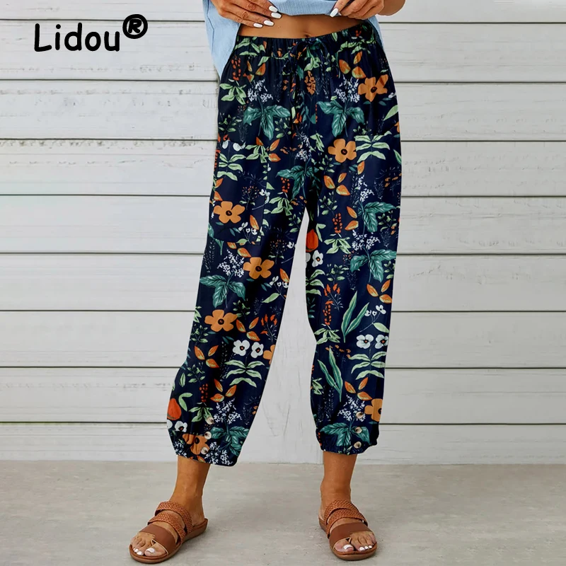 Dameskleding Retro Boho Print Katoenen Linnen Enkellange Harembroek Y 2K Zomer Casual Hoge Taille Trekkoord Broek Pantalones