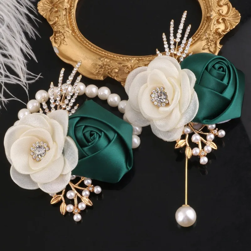 2 Buah Set Bunga Dada Pengantin dan Pengantin Pria untuk Pernikahan, Bunga Pergelangan Tangan Elegan dan Aksesoris Buket DIY untuk Pesta Pernikahan