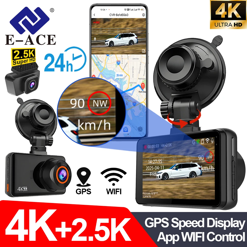 

Summer E-ACE Dash Cam 4K+2.5K Dual Channel for Car film obtain evideWIFI GPS Speed Display 24h Parking Loop Record Night Vision