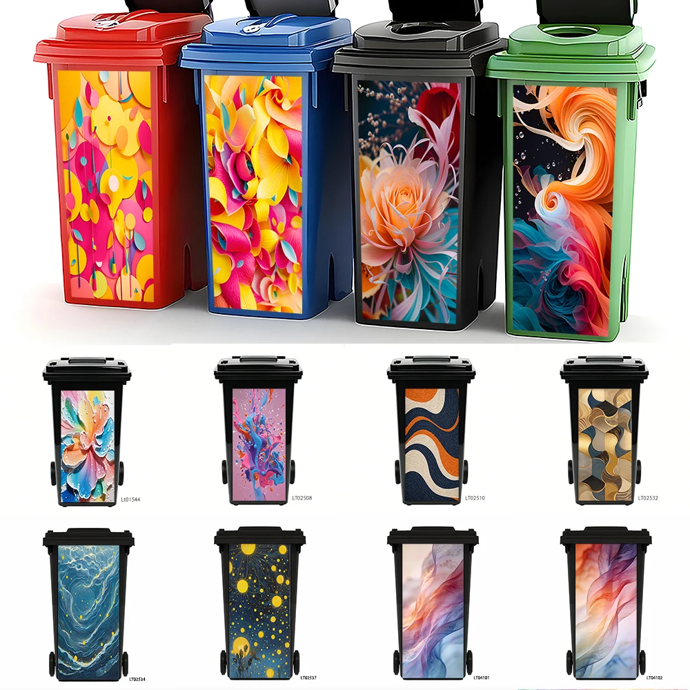 

Abstract Colorful Floral Swirl Trash Can Sticker, Vibrant Ink Flower Design Waterproof Removable Outdoor Garbage Bin Decor