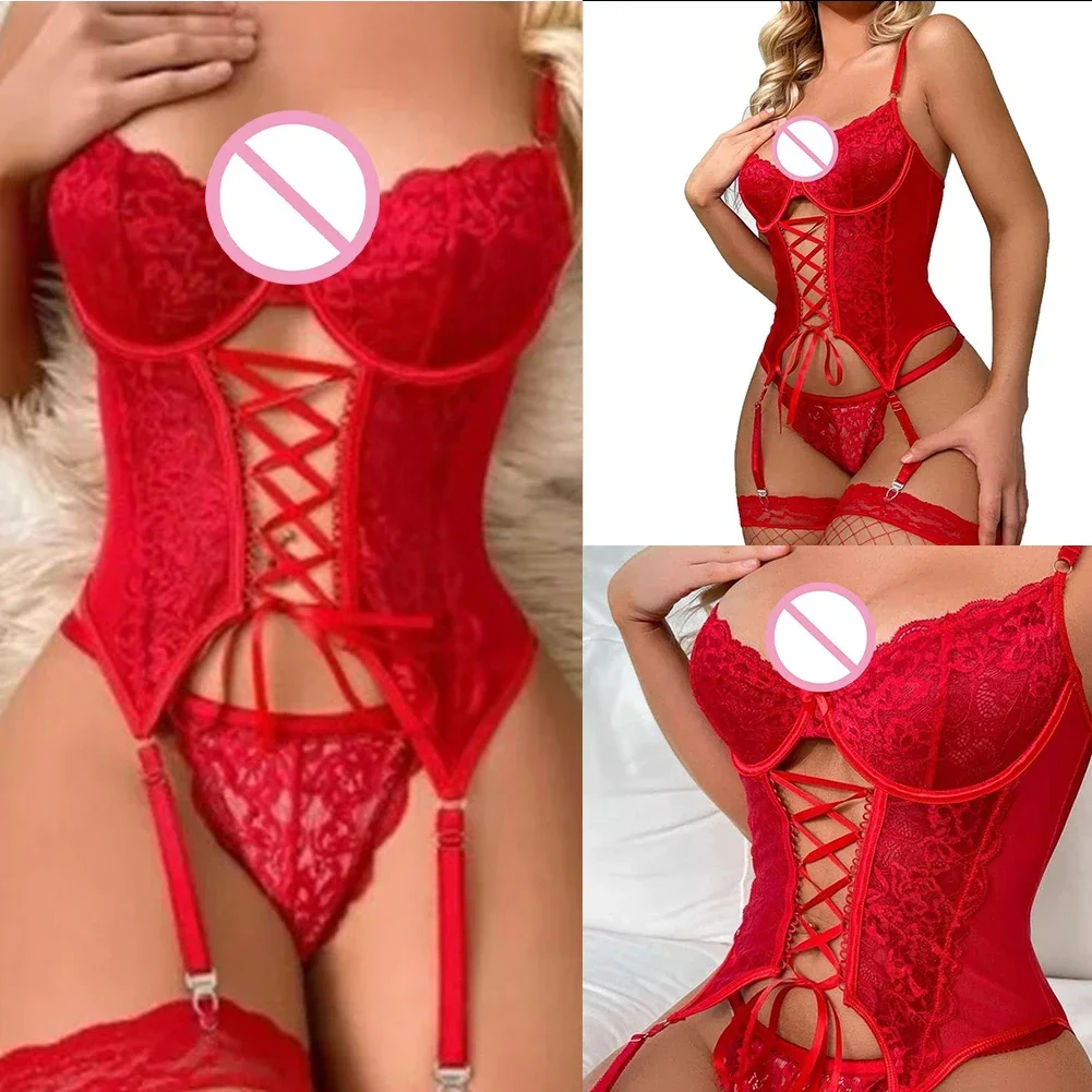 Women Sexy Lace Red Heart-shaped Lingerie Set Two Piece Underwear Sleepwear Steel Ring Pajamas Garter Hollow Female Jumpsuit